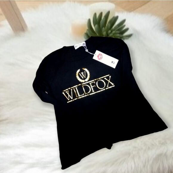 WILDFOX COUTURE GOLD CRESTED WILDFOX LOGO BLACK LONG SLEEVE LIGHTWEIGHT SWEATER - Picture 7 of 13